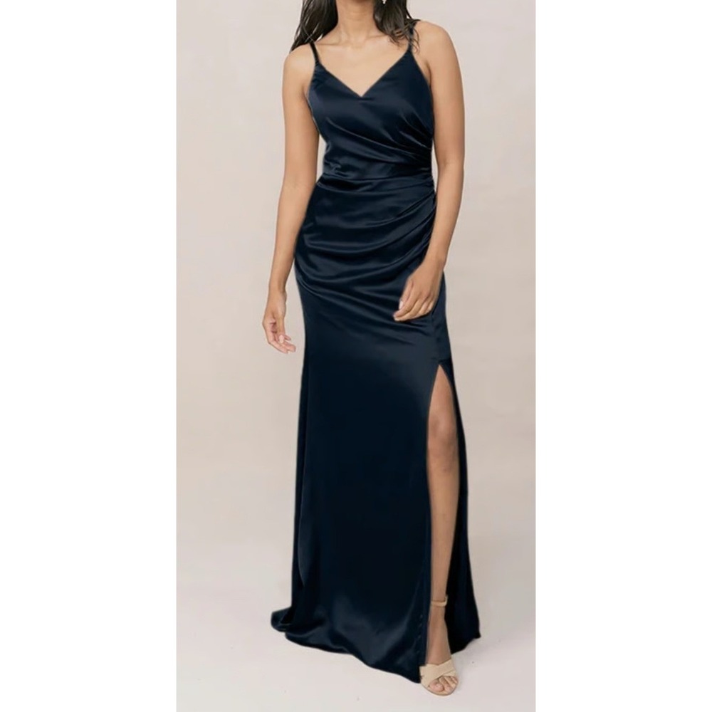 REVELRY Rory Satin Bridesmaid Dress Black Spaghetti Strap Slit Size 8 Formal
